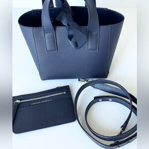 LOEFFLER RANDAL  Small Tote Crossbody Handbag Navy Pebble Leather Ribbon tie